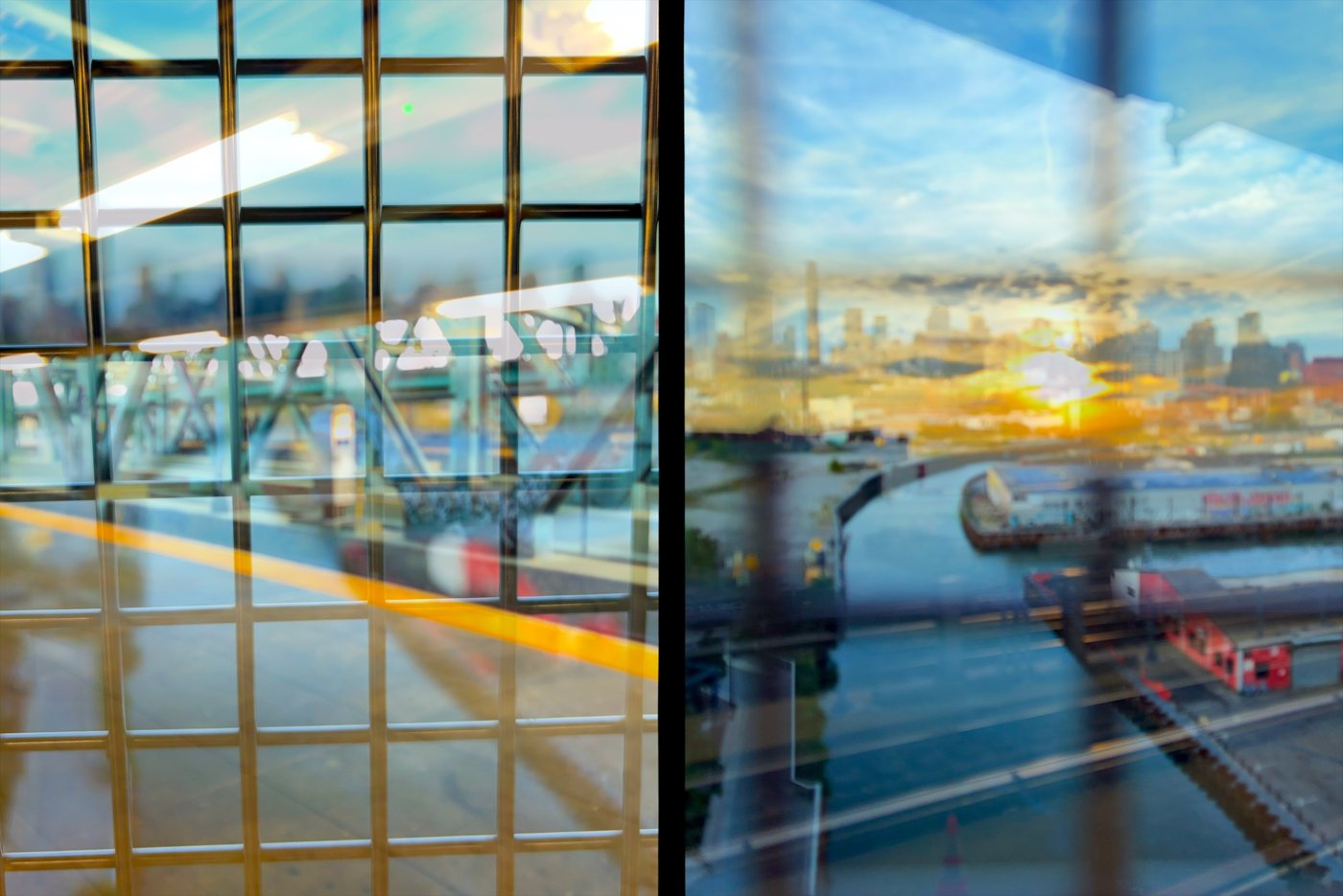 A half-frame pair: a window grid over a river bridge, and a harbour at sunset