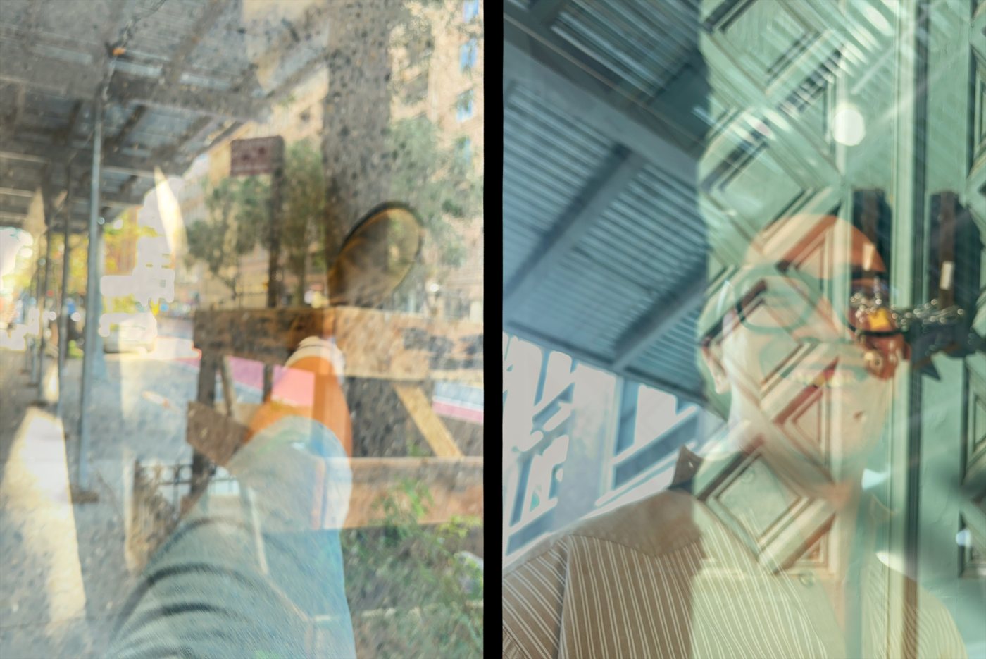 A half-frame pair: shopfront reflections